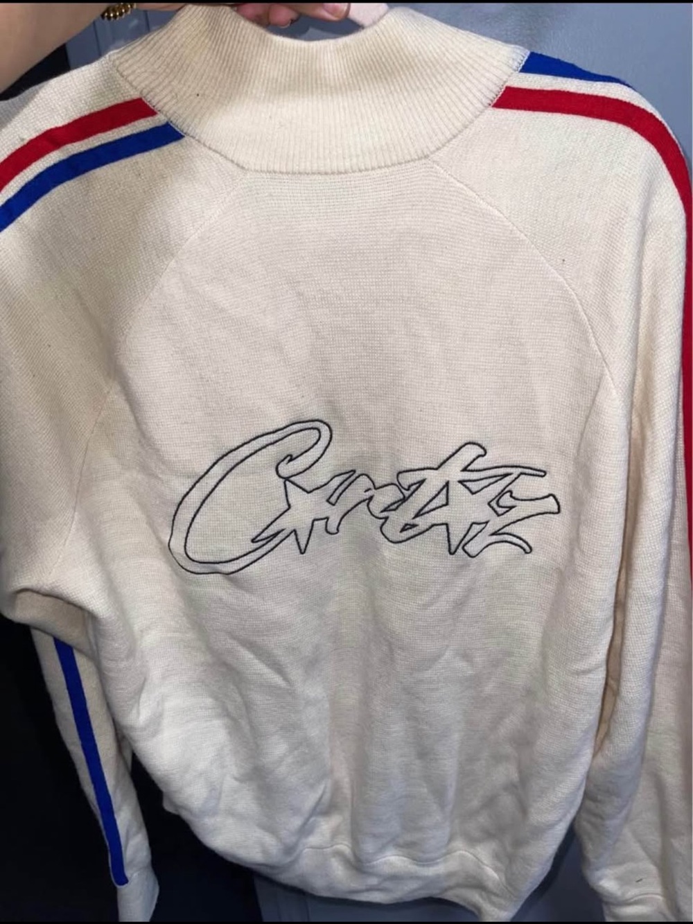 Cream Crewneck Sweater with Red & Blue Shoulder Stripes